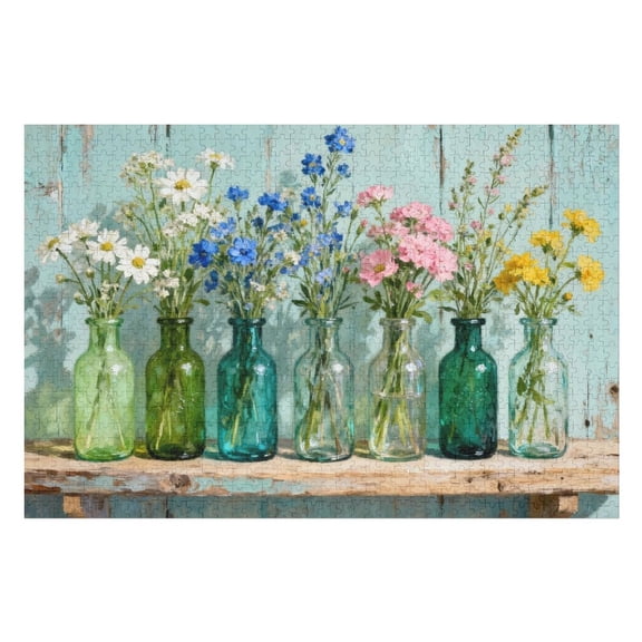 Jigsaw Puzzle 500 Pieces for Adults, Wildflower Whispering Blooms Summer Garden, Retro Vibrant Sunflower Vase, Challenging Home Decor
