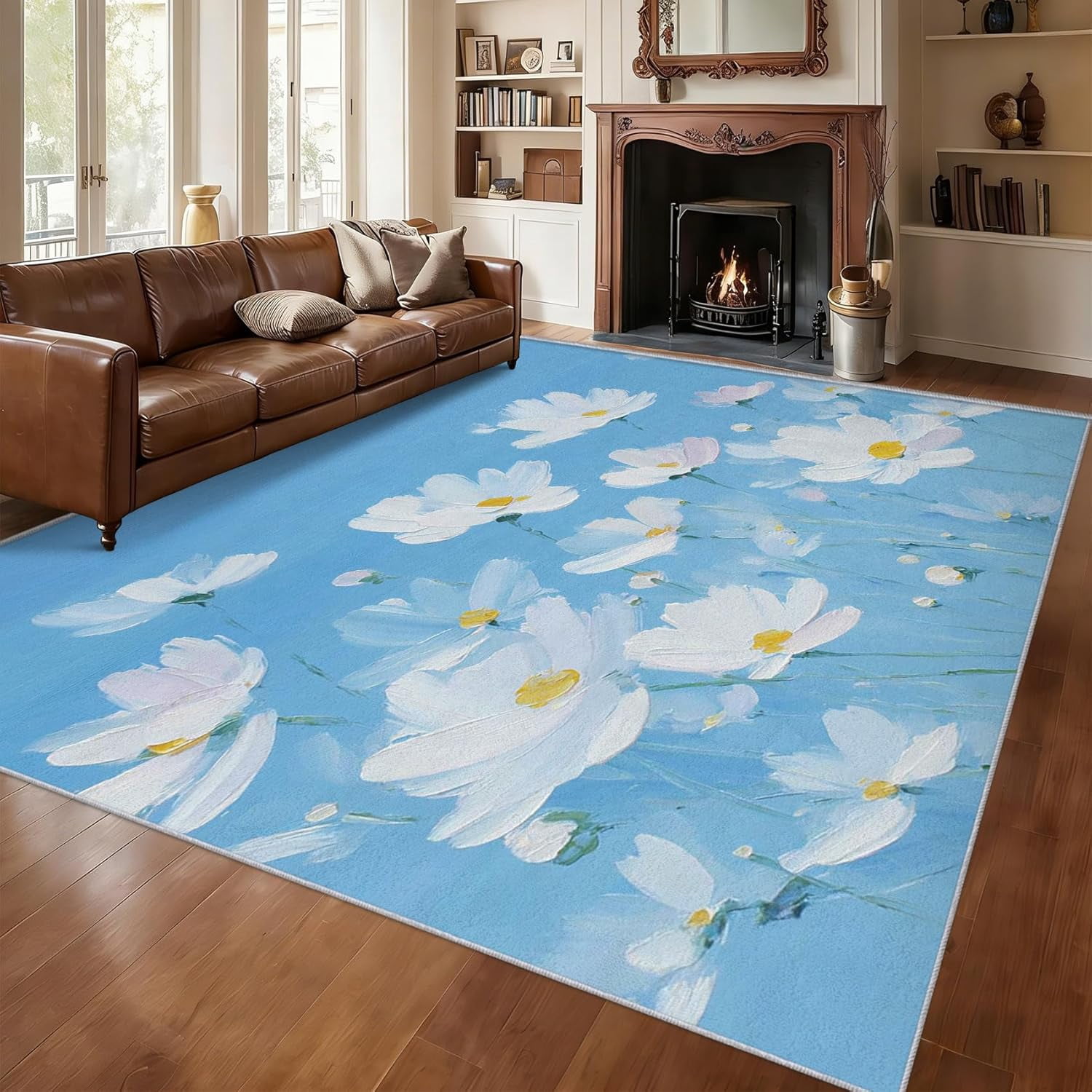 Small Daisy Rug Wildflower Area Rugs, Rustic Daisy Oil Painting Carpet, Washable Non ...