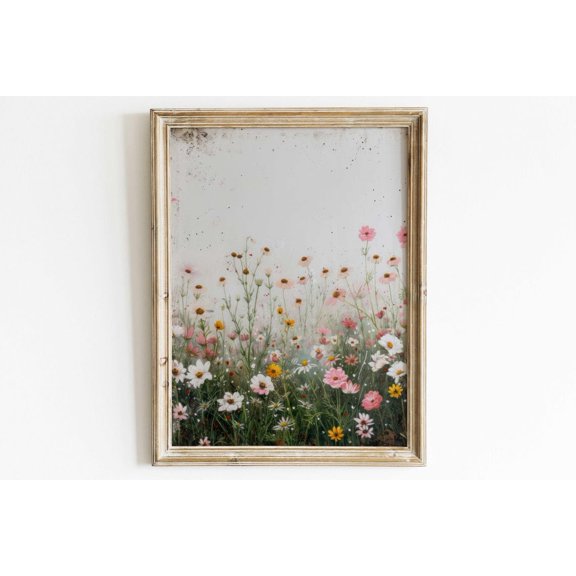 Wildflower Art Print, Vintage Floral Wall Decor, Rustic Botanical Wall Art, Blue & Gold Print, Wildflower Field Art, Flower Art Wall Art, Modern Wall Decor, 8x12 UNFRAMED