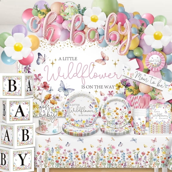 Rugterra Wildflower Baby Shower Decorations, Complete White&Pink Party Set, Serves 20 Guests