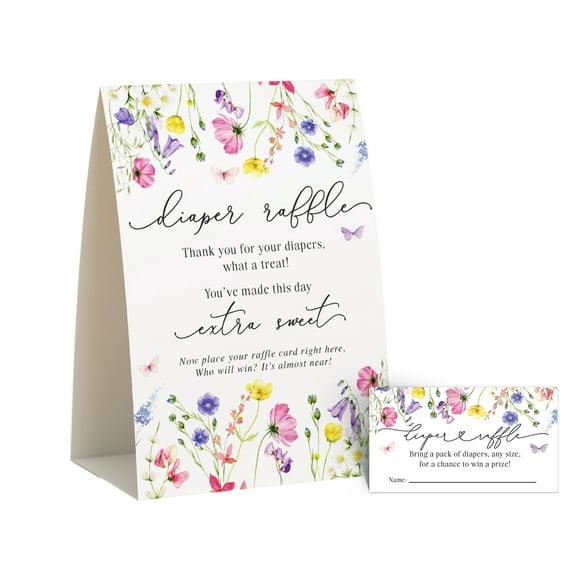 Wildflower Baby Shower Games Diaper Raffle Cards Set, Self-Standing Sign with Matching Raffle Cards, Floral Wild Flower Baby