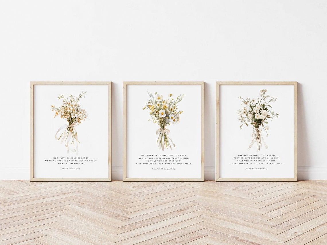 Wildflower Bible Verse Christian Wall Art Floral Decor Set 3 Unframed ...