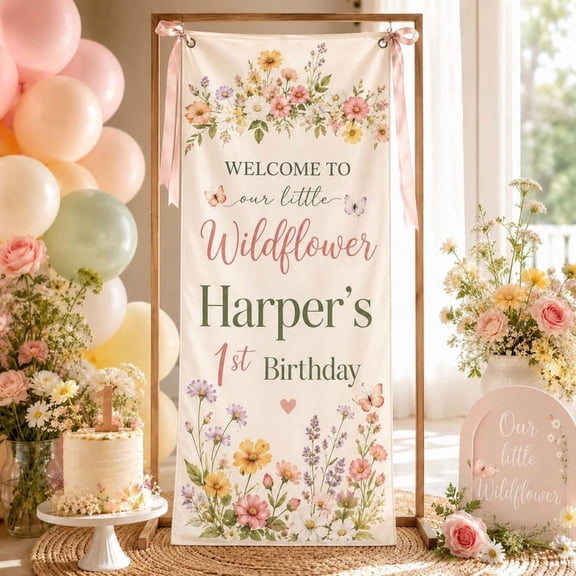 Wildflower Birthday Satin Banner, Personalized Welcome Sign, Floral Celebration Backdrop