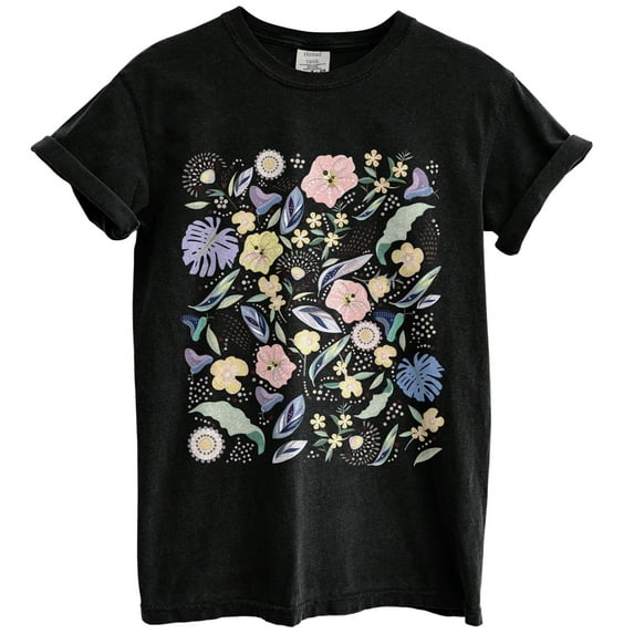Wildflower Blossom Floral Graphic Tee T-Shirts for Women, Short Sleeve Tops - Vintage Black
