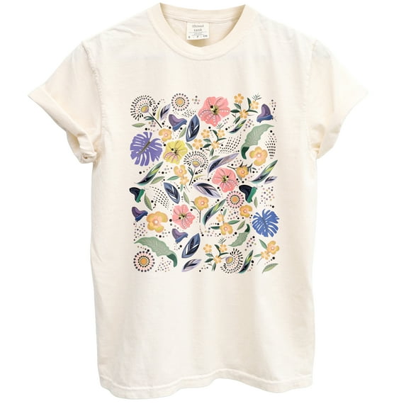 Wildflower Blossom Floral Graphic Tee T-Shirts for Women, Short Sleeve Tops - Vintage Ivory