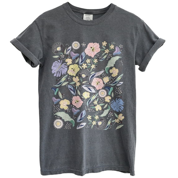 Wildflower Blossom Floral Graphic Tee T-Shirts for Women, Short Sleeve Tops - Vintage Pepper