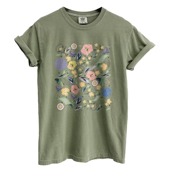 Wildflower Blossom Floral Graphic Tee T-Shirts for Women, Short Sleeve Tops - Vintage Sage
