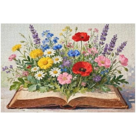 Wildflower Book 1000 Piece Jigsaw Puzzle for Adults, Spring Flower Garden Scene, Floral Bookshelf Puzzle, Vintage Challenging Plant Theme, DIY Home Decoration