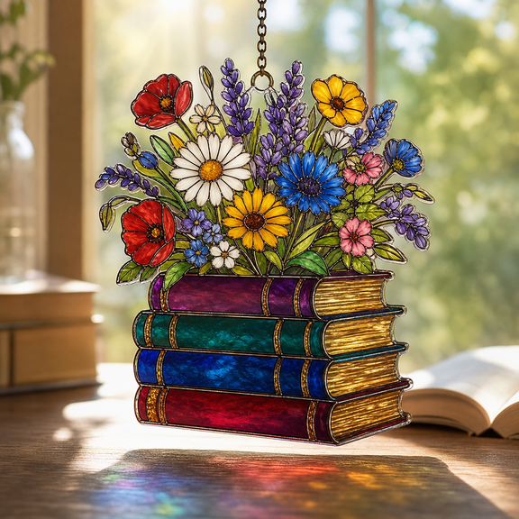 Wildflower Book Stack Acrylic Suncatcher Window Hanging Gift for Readers & Book Lovers