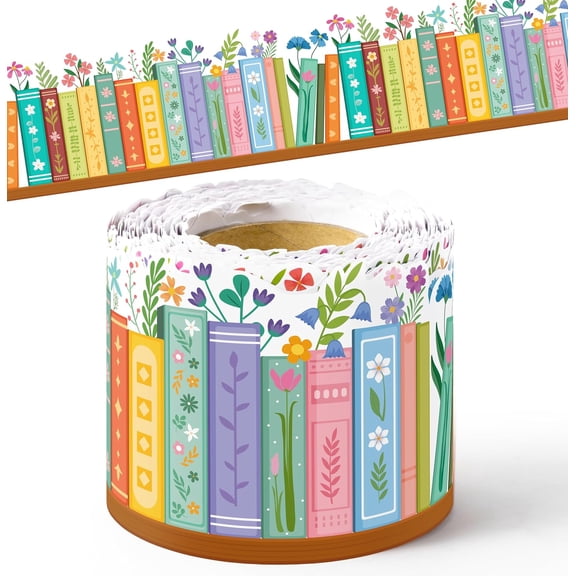 Wildflower Bookshelf Border Trim - 65ft Back to School Floral Books Rolled Border Trim Bookshelf Bulletin Board Set Library Classroom Office Chalkboard Kindergarten Home Wall Party Decoration
