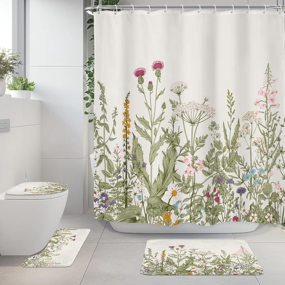 Wildflower Botanical 4Pcs Bathroom Shower Curtain Sets Flower Floral Plant Herbs Bathroom Decor Set with Rugs and Accessories Green Leaves Toilet Lid Rug, Contour and Bath Mat with 12 Hooks