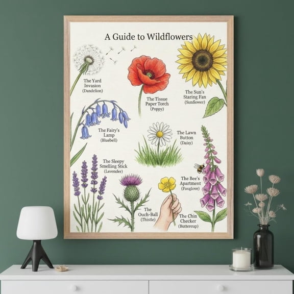 Wildflower Botanical Chart Vintage Style Wall Art Whimsical Flower Names Print Unframed Paper Poster 8x10in