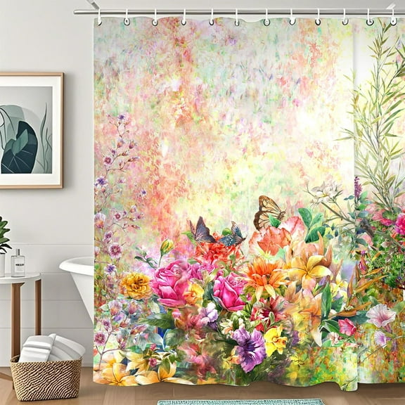 Wildflower Botanical Green Plants Leaves Shower Curtain Washable Fabric Curtain Rustic Wood Plank Farmhouse Bathroom Shower Curtain Set with Hooks, 60x72 Inch