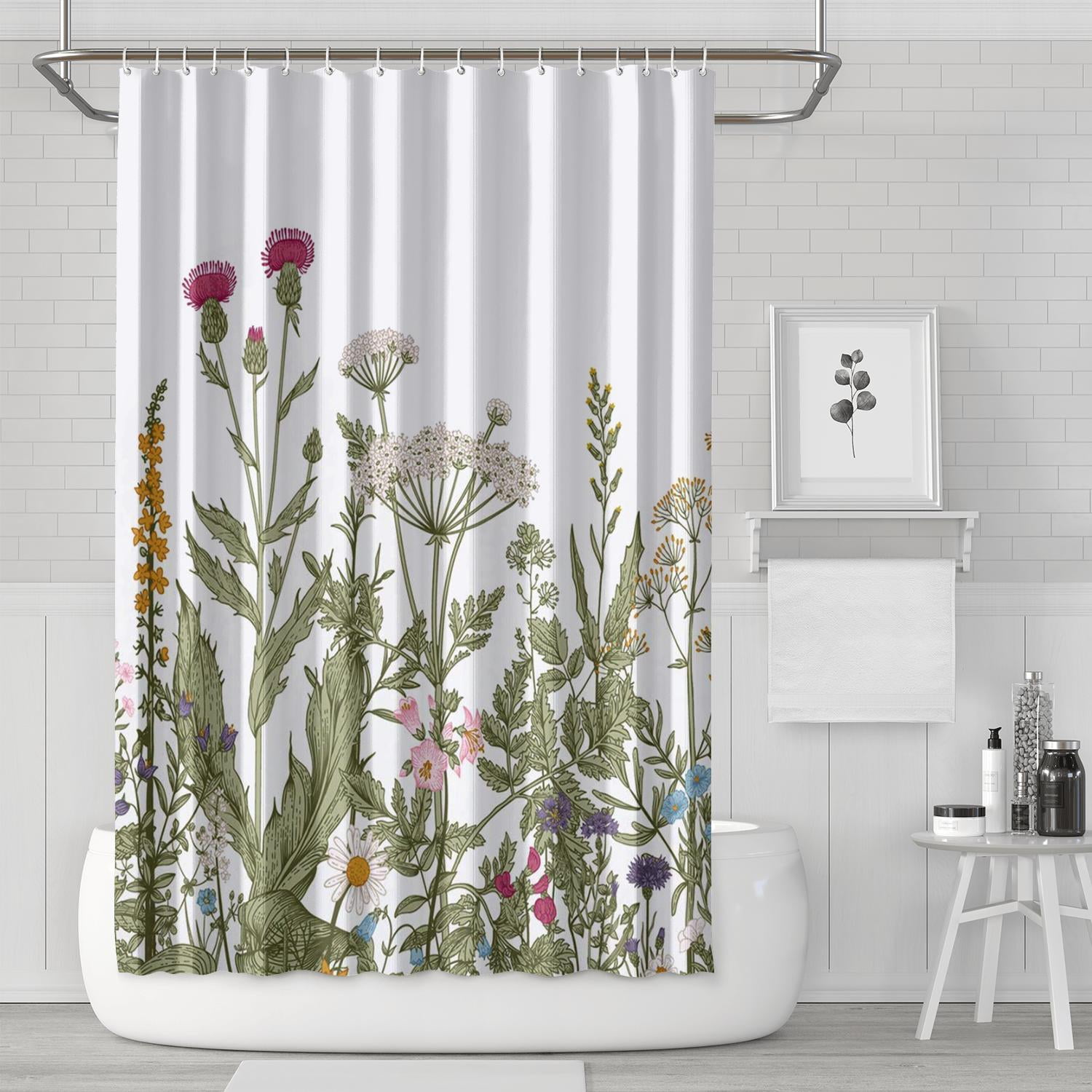 Wildflower Botanical Shower Curtain for Bathroom Decor 72Wx84H Inch Floral Flower Plant Herbs Sage Green Leaves Decorative Bath Set Bathroom Accessories Waterproof 12 Pack Hooks