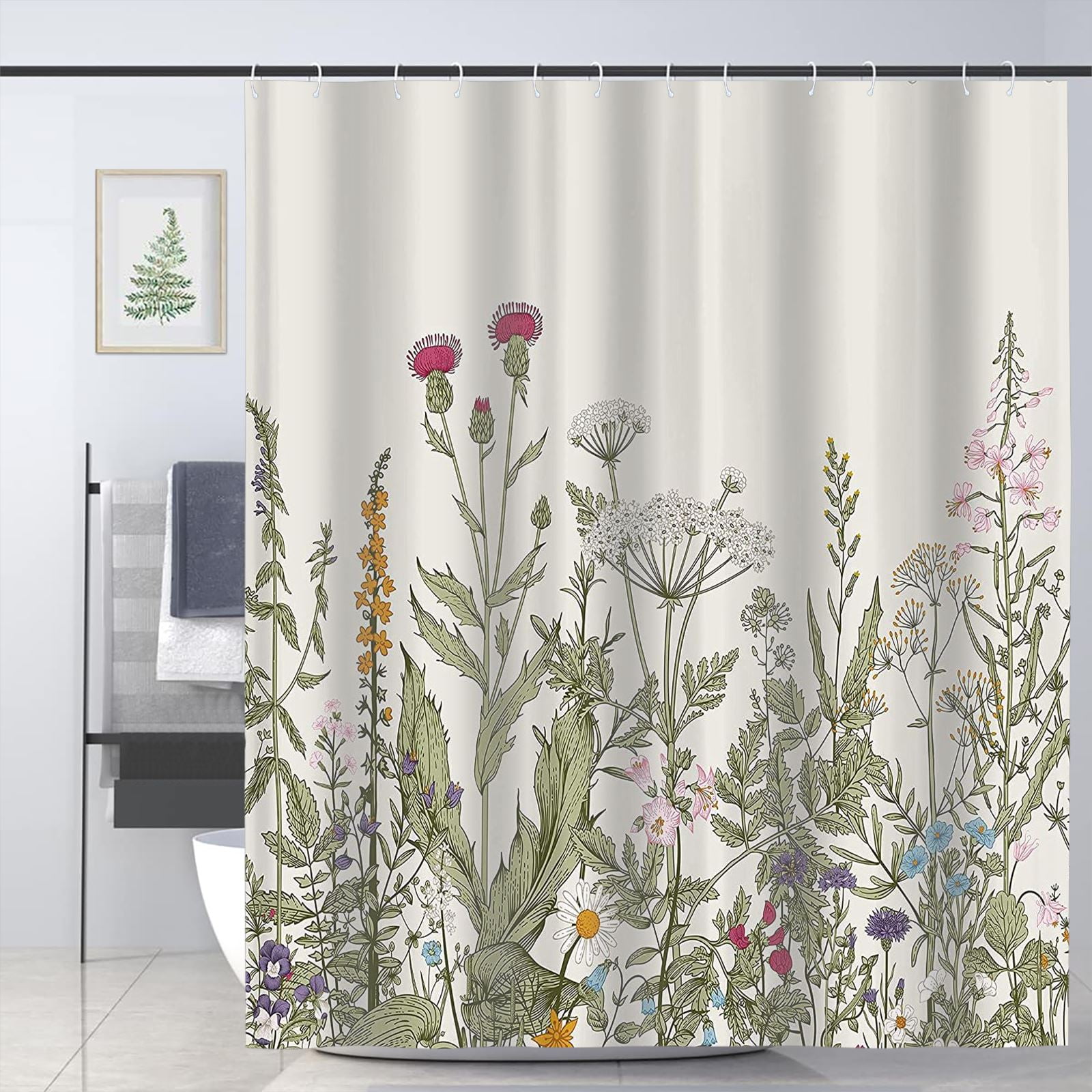 Wildflower Botanical Shower Curtain for Bathroom Decor Floral Flower Plant Green Leaves Bathroom ...
