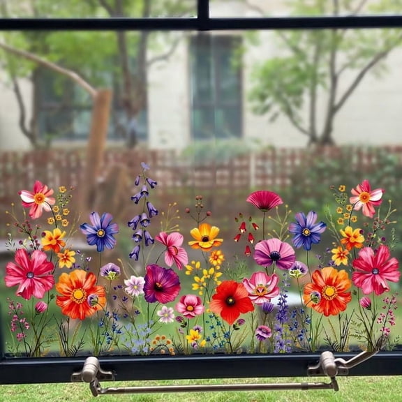 Wildflower Bouquet Floral Window Film, Reusable Spring Decor Window Static Stickers