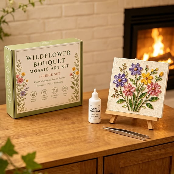 Wildflower Bouquet Mosaic Art DIY Kit for Adults Beginners,3.5in Handmade Glass Tile Mosaic Craft Set With Wooden Display Easel,for Home Wall Table Decor,Holiday Housewarming Gift