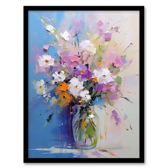 Wildflower Bouquet in Glass Vase Oil Painting Palette Knife Pastel Colour Spring Flower Blooms Artwork Framed Wall Art Print A4