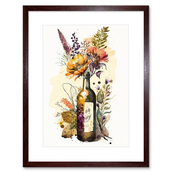 Wildflower Bouquet in Upcycled Glass Wine Bottle Artwork Framed Wall Art Print 9X7 Inch