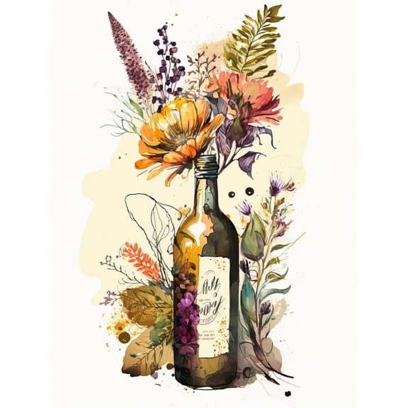 Wildflower Bouquet in Upcycled Glass Wine Bottle Unframed Wall Art Print Poster Home Decor Premium