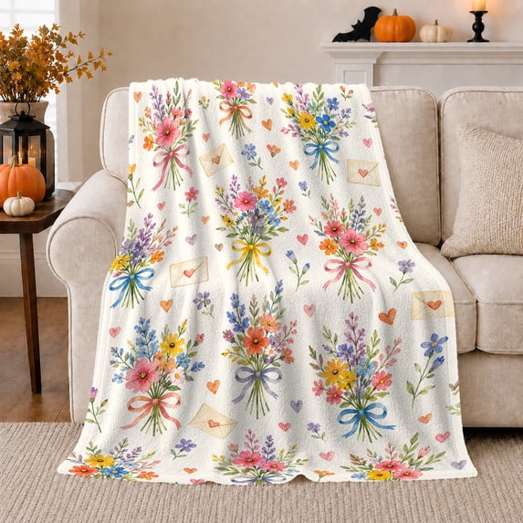 Wildflower Bouquets with Letters and Hearts, Cheerful Botanical Style for Flower Lovers, Garden Mail Motif and Mother's Day Gift, Soft Flannel Blanket for Sunroom and Reading Nook, Home Decor