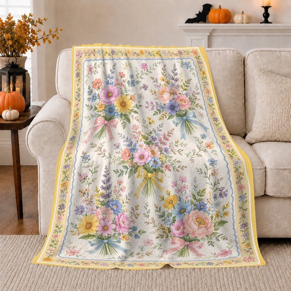 Wildflower Bouquets Ribbon Tied Flowers Yellow Floral Border, Cozy Botanical Garden Scene, Warm Flannel Blanket for Sunroom and Reading Nook, Garden Lovers Housewarming Gift, Artistic Home Decor