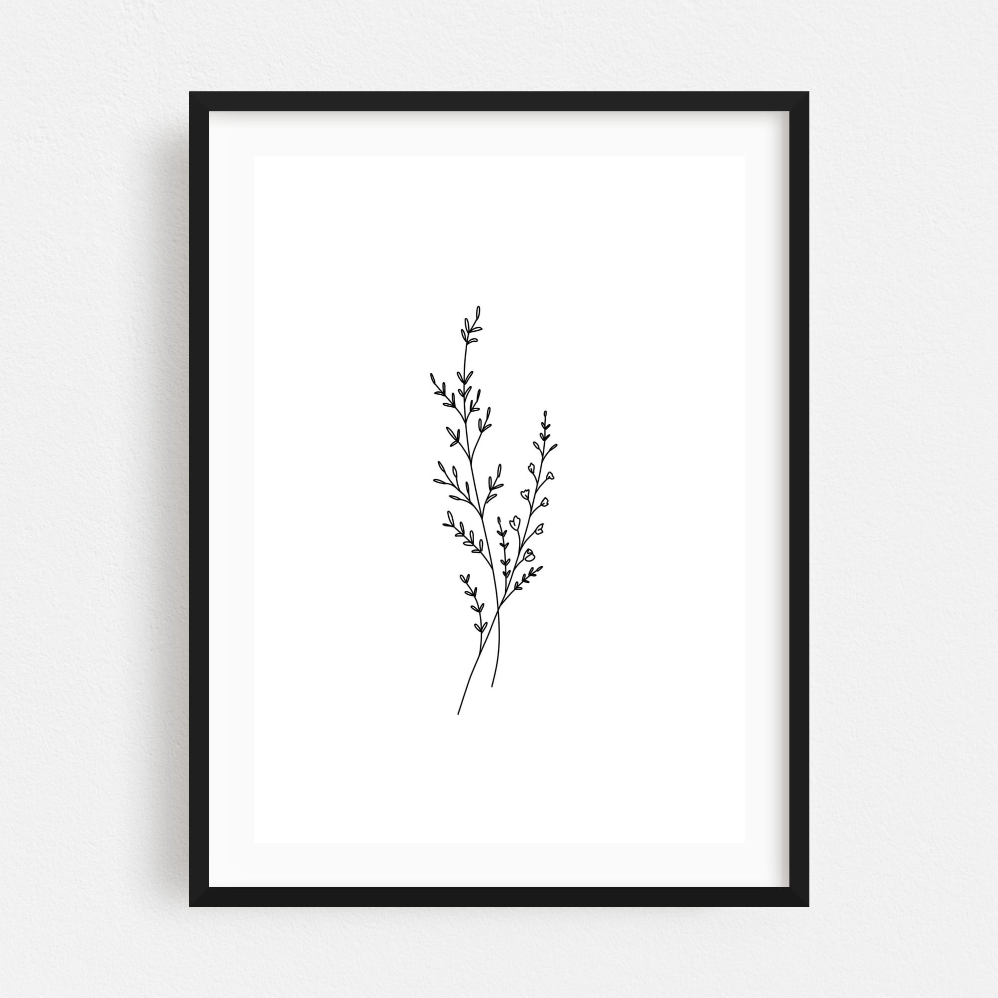 Wildflower Branch - Illustration Line Art Minimalist Black and White ...