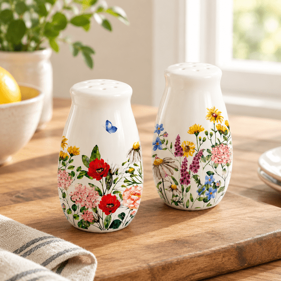 Wildflower Butterfly Ceramic Salt and Pepper Shakers, Vintage Spice Dispensers for Kitchen Table