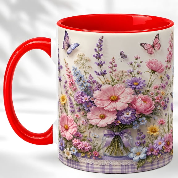 Wildflower Butterfly Coffee Mug, Pastel Floral Garden Mug, Ceramic Cup
