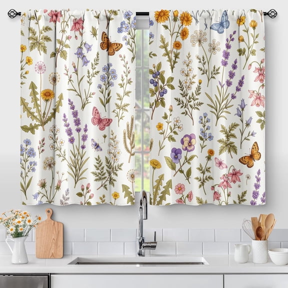 Wildflower Butterfly Kitchen Curtains Vintage Floral Botanical Print Window Drapes for Kitchen Bedroom Farmhouse Home Decor