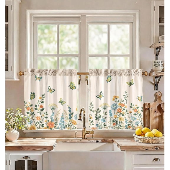 Wildflower Butterfly Print Kitchen Tier Curtains Rod Pocket Semi Sheer Window Drapes for Farmhouse Cafe Home Decor
