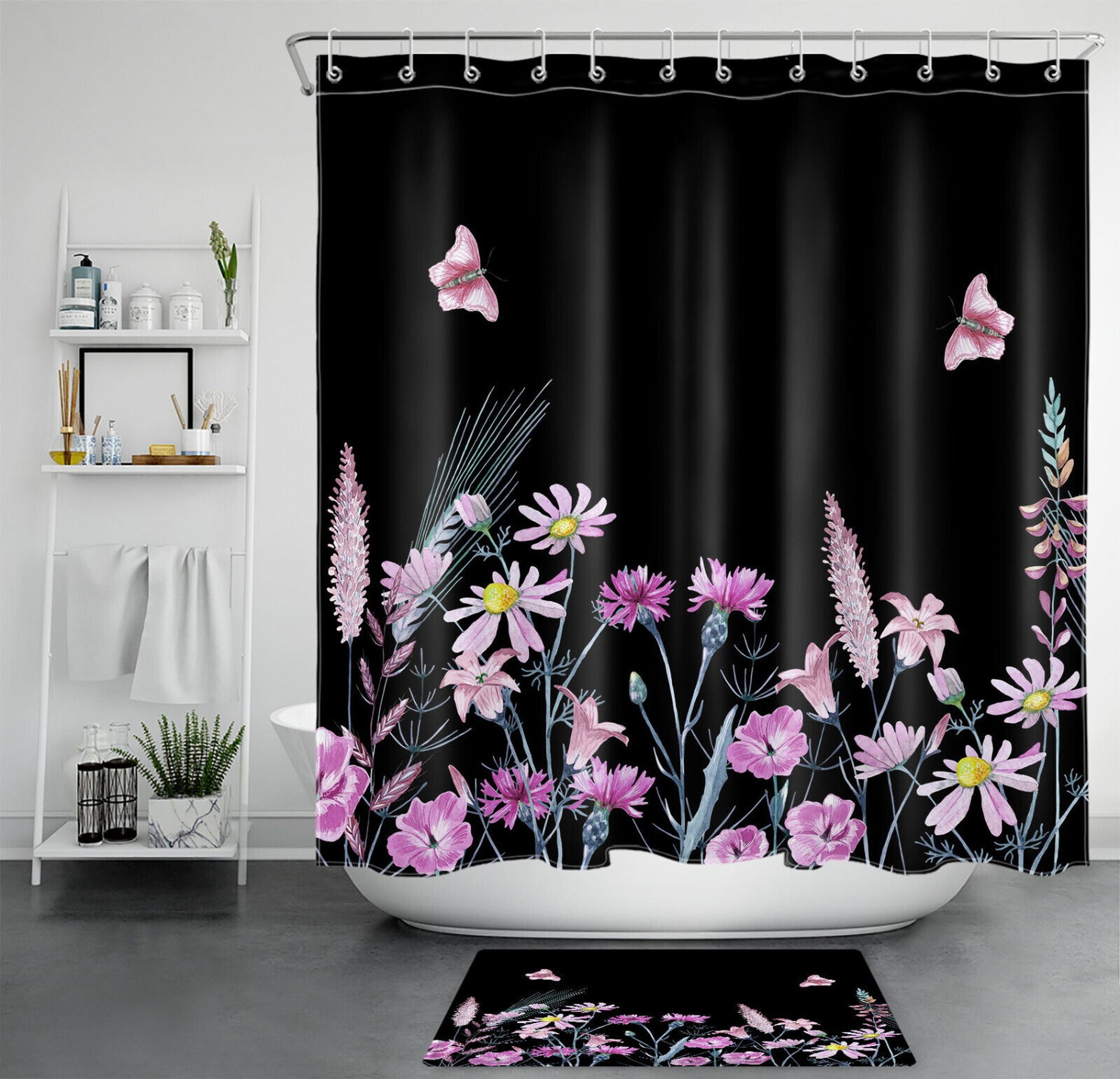 Wildflower Butterfly Shower Set In Modern Pink & Black - Bathroom 