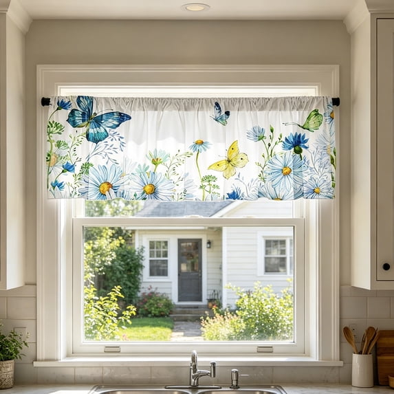 Wildflower Butterfly Vertical Watercolor Kitchen Curtain,Short Panel Window Valance for Sink,Breakfast Nook,Home Decor