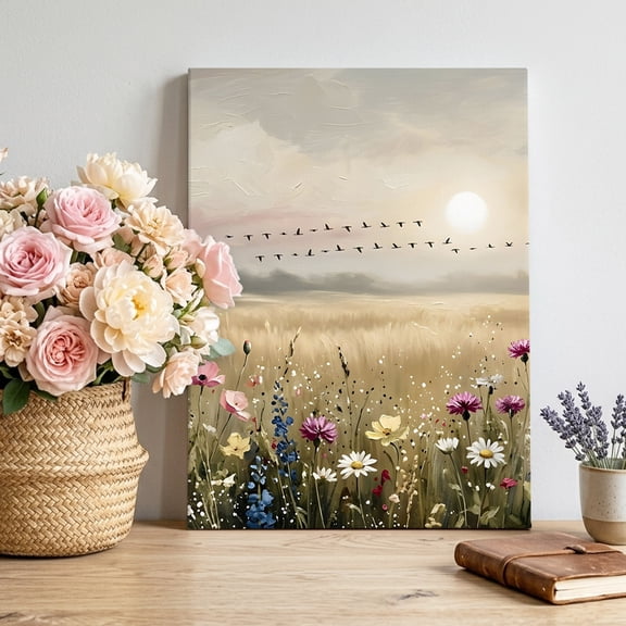 Wildflower Canvas Wall Art Framed Wall Decor for Living Room Bedroom Bathroom, Nature Floral Flowers Sunset Birds Canvas Pictures Ready to Hang Decor, 24"x36"