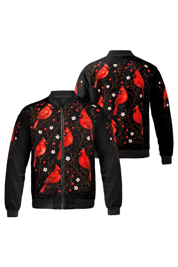 Wildflower Cardinal Bird Bomber Jacket – Red Cardinal Christmas Winter Jacket with Floral Berry Design Jacket