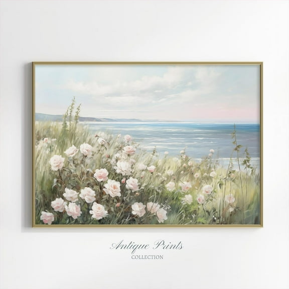 Wildflower Coastal Wall Art, Cottage Seascape, Antique Roses Flowers Poster, Floral Farmhouse Decor, Beach Poster, 861, Unframed Poster Size 16x24