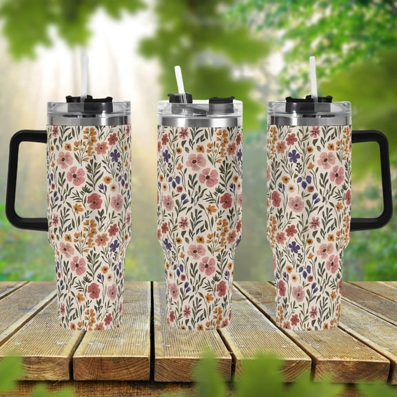 Wildflower Cottagecore 40oz Stainless Steel Tumbler With Handle Lid and Straw, Cute Retro Floral Drink Cup, Travel Tumbler, Fun Tumbler Gift