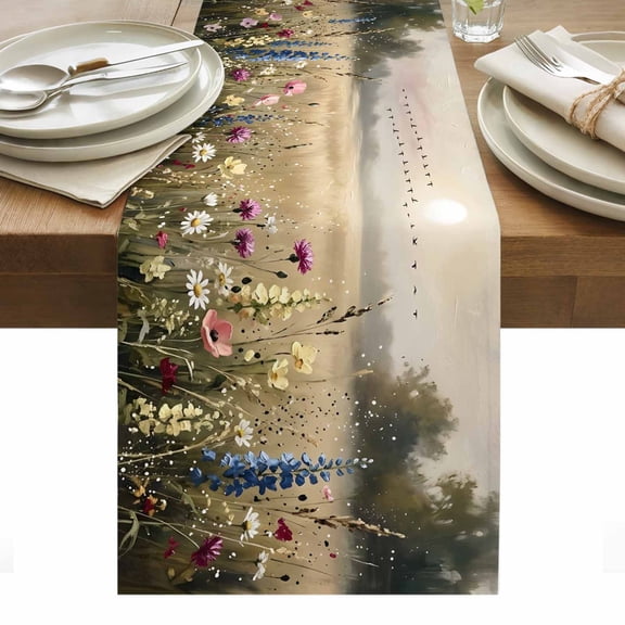 Wildflower Cotton Linen Table Runner Nature Floral Flowers Sunset Birds Dining Table Runners for Home Decor Party Dining Room Restaurant Kitchen Party 13" x 36"