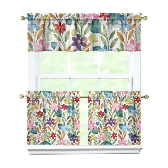Wildflower Country Curtains 24 Inch - 3 Panel Vintage Boho Set with Rustic Floral Print, Farmhouse Kitchen Window Drapes