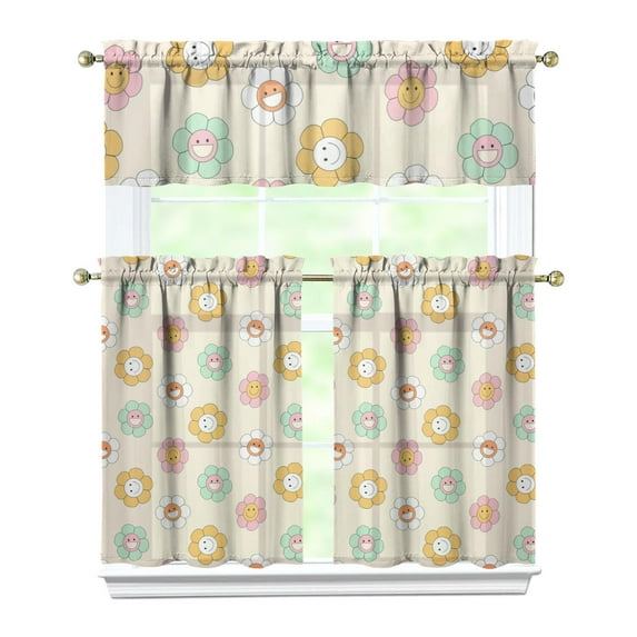 Wildflower Country Curtains 36 Inch - 3 Panel Vintage Bohemian Set with Rustic Floral Print, Rod Pocket Kitchen Window Drapes for Farmhouse Decor