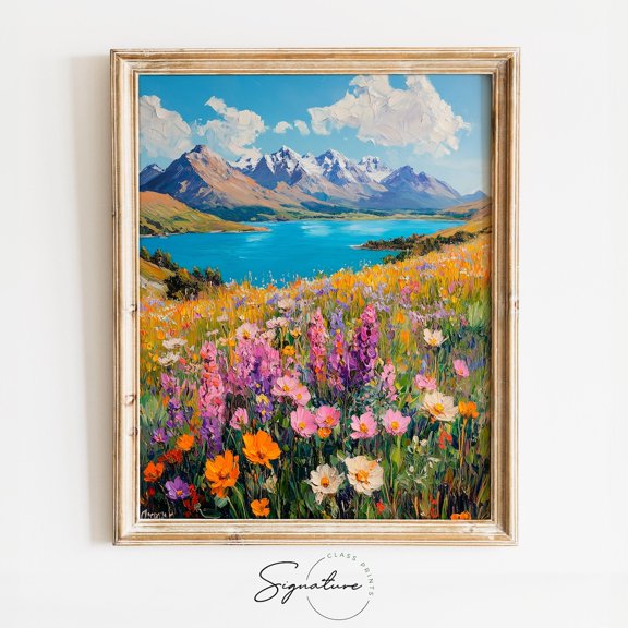 Wildflower-Covered Hills Wall Art, Moody Lake Tekapo Landscape, Rustic Earthy Scene, Vintage Cottagecore Decor 3983 Home Decor, 16x24 UNFRAMED