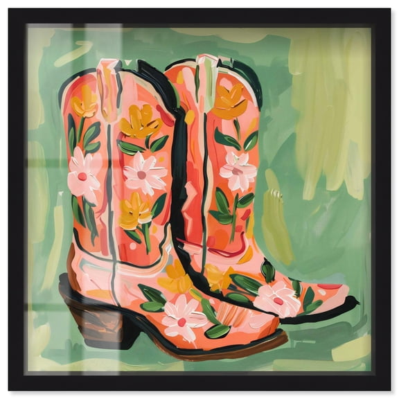 Wildflower Cowboy Boots Shadowbox Print Trendy Cowboy Decor by Art Remedy, Black Frame, 16 x 16