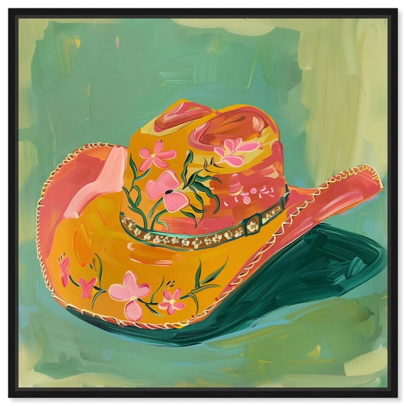 Wildflower Cowboy Hat Canvas Trendy Cowboy Decor by Art Remedy, Black Frame, 12 x 12