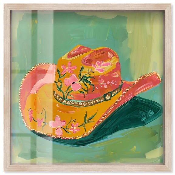 Wildflower Cowboy Hat Shadowbox Print Trendy Cowboy Decor by Art Remedy, Blonde Frame, 24 x 24