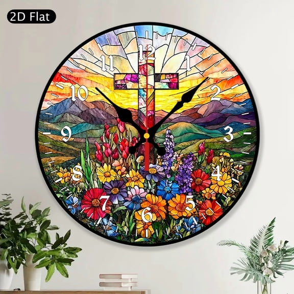 Wildflower Cross Christian Religious Round Wall Clock  Faith-Based Home Decor, Unique Gift for Mom