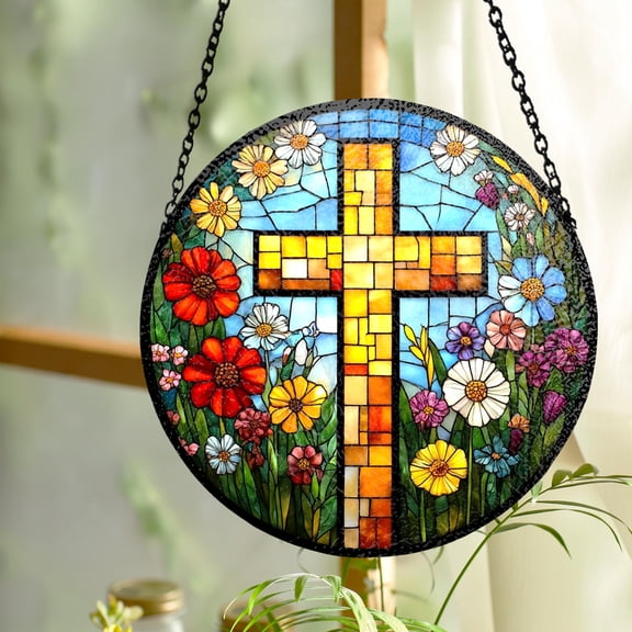 Wildflower Cross Faux Stained Glass Acrylic Suncatcher, Window Hanging Decor, Christian Faith Gift