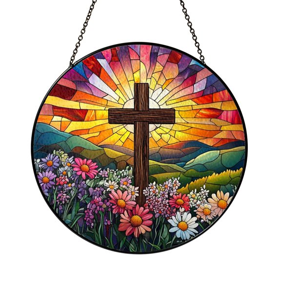 Wildflower Cross Glass Suncatcher for Window Decor, Floral Sunset Light Catcher Hanging Ornament, Thoughtful Faith Inspired