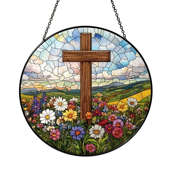 Wildflower Cross Stained Glass Look Suncatcher, Decorative Window Hanging with Floral Cross Design