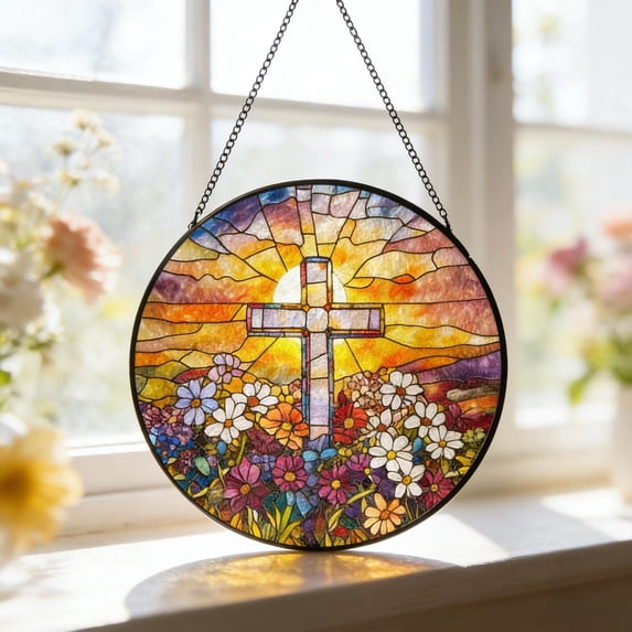 Wildflower Cross Stained Glass Style Suncatcher, Christian Faith Window ...