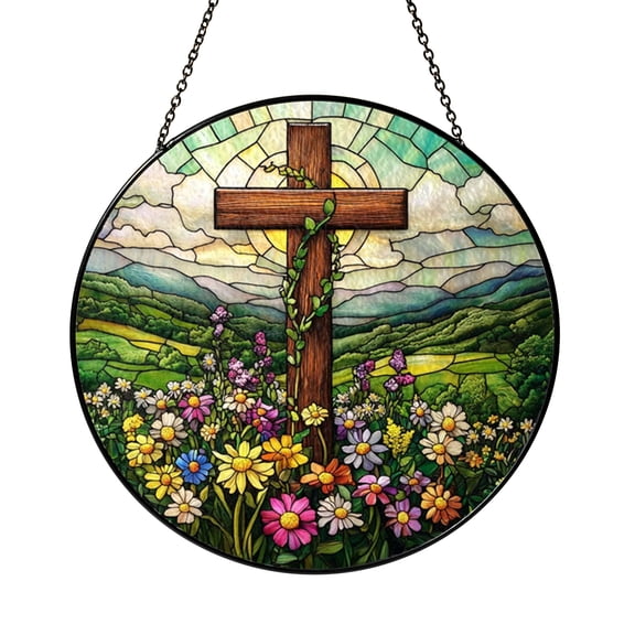 Wildflower Cross Stained Glass Suncatcher, Floral Faith Window Hanging Decor with Botanical Design